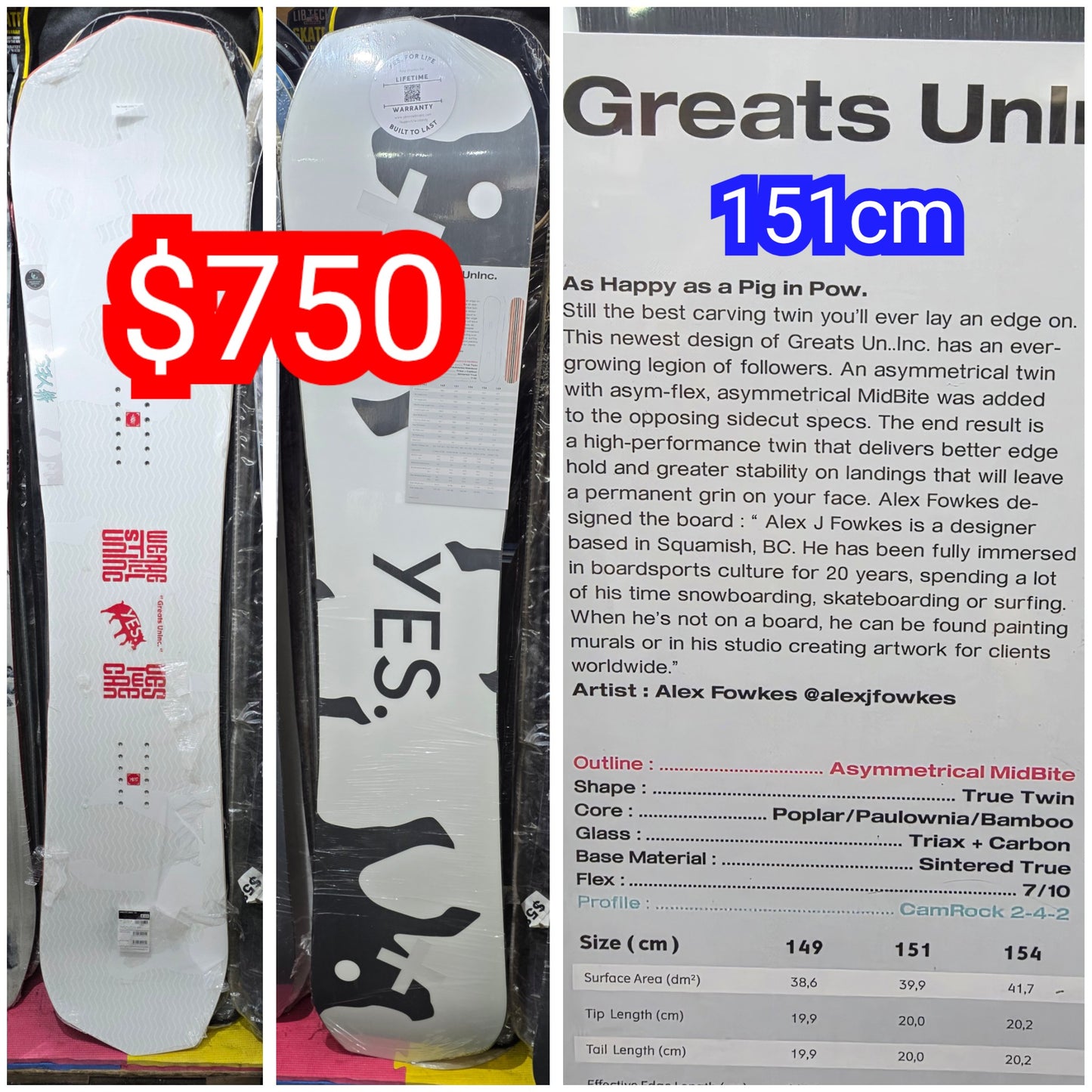 YES GREATS UNINIC men's snowboards 2025 model 151cm