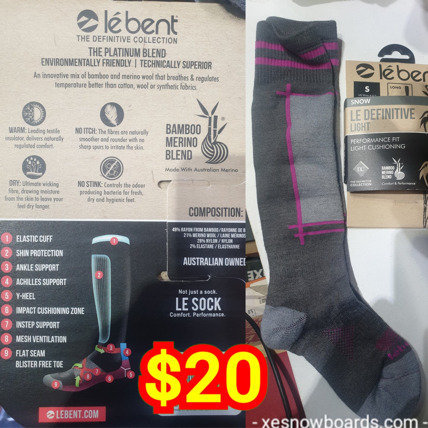 Le Bent Le definitive light performance the platinum bamboo marino blend snowboard socks