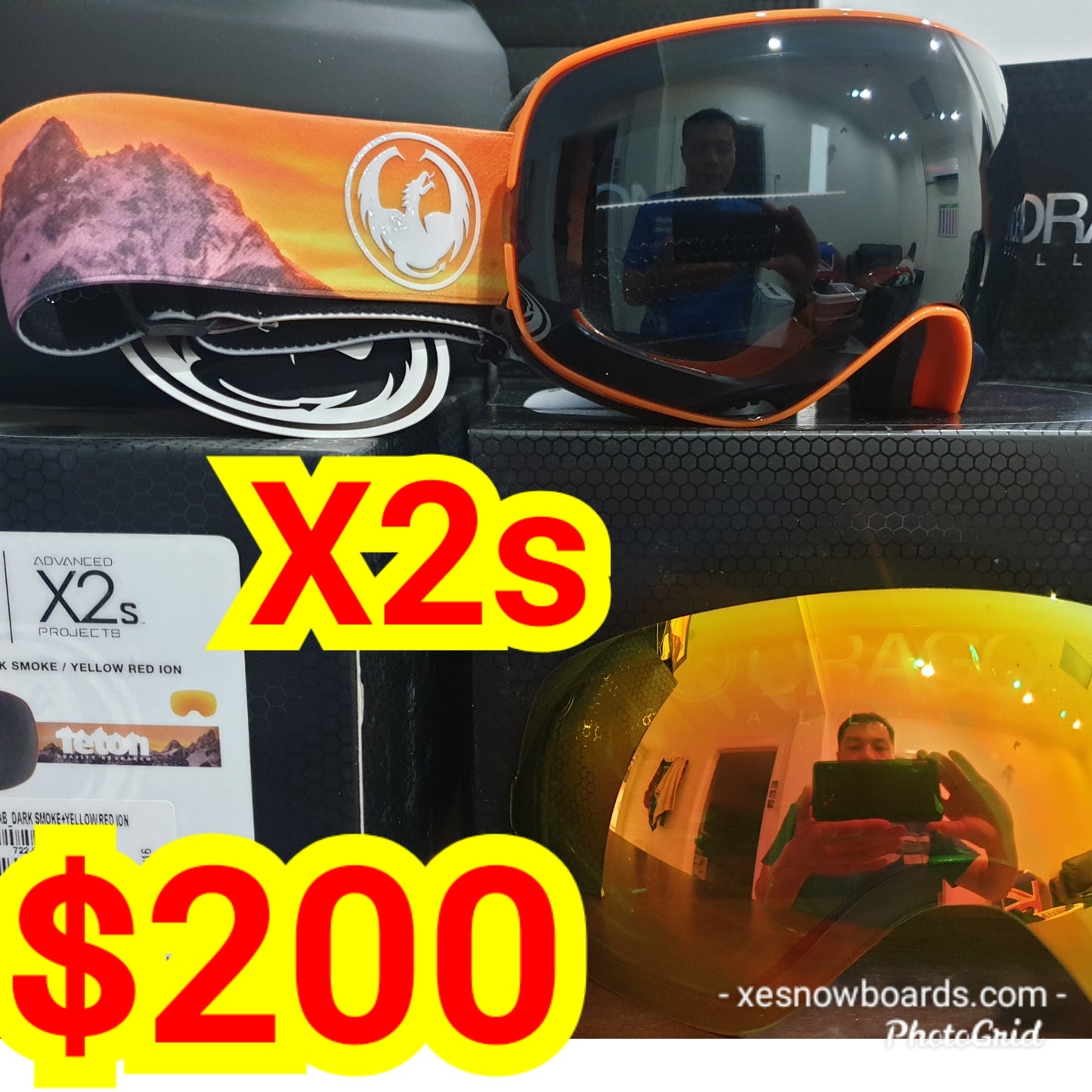 Dragons X2s with bonus lens, dragon goggles - orange panoramic mountain